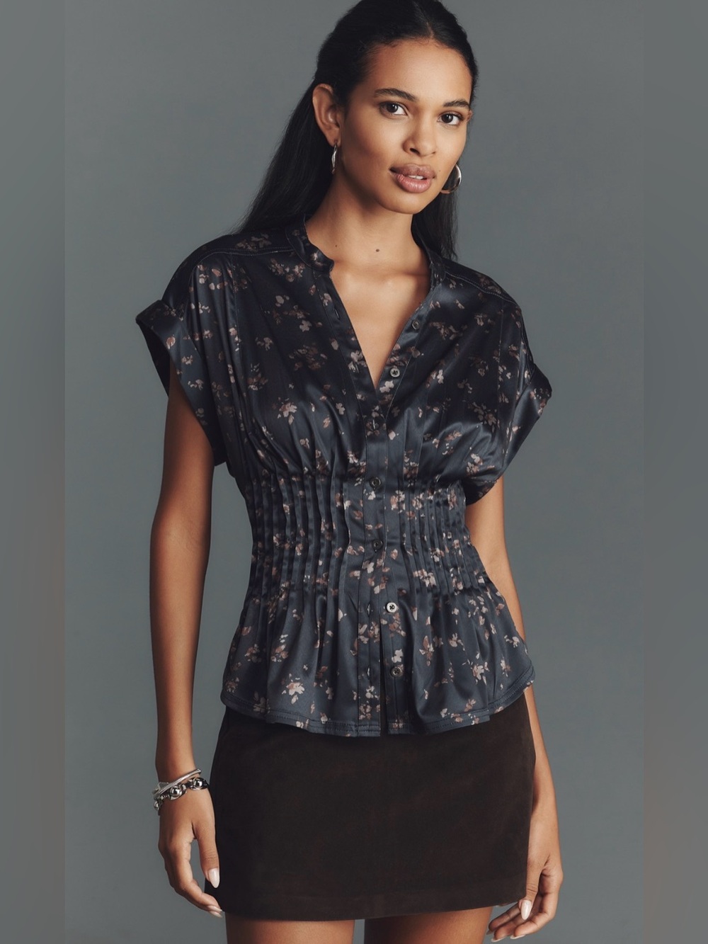 Anthropologie Navy linden silken pleated waisted blouse by pilcro